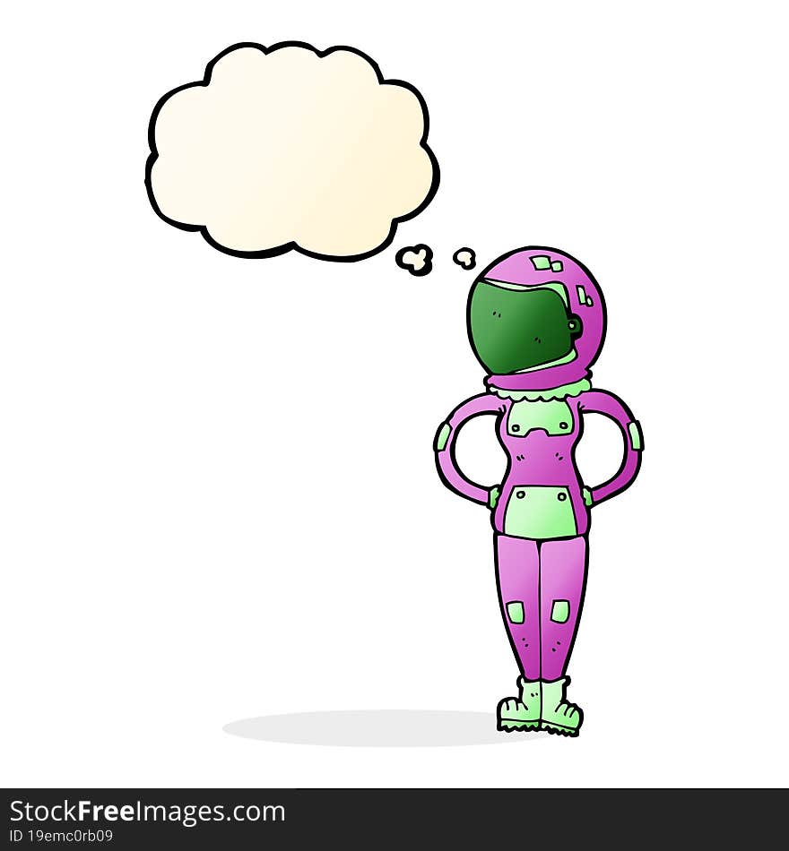 cartoon female astronaut with thought bubble