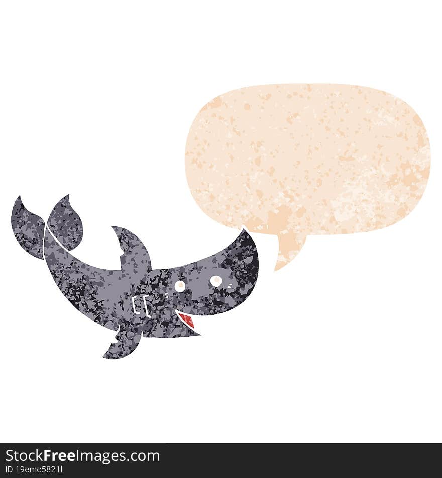 cartoon shark and speech bubble in retro textured style