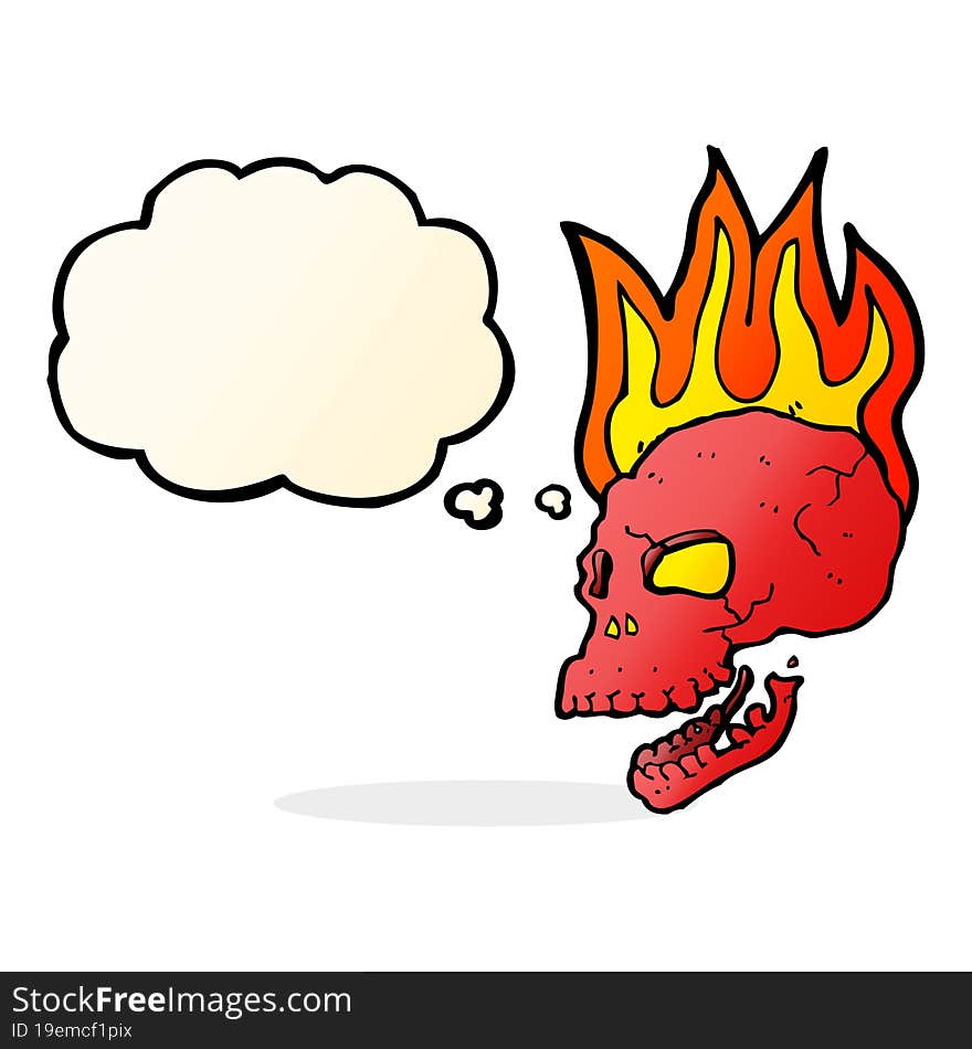 cartoon flaming skull with thought bubble