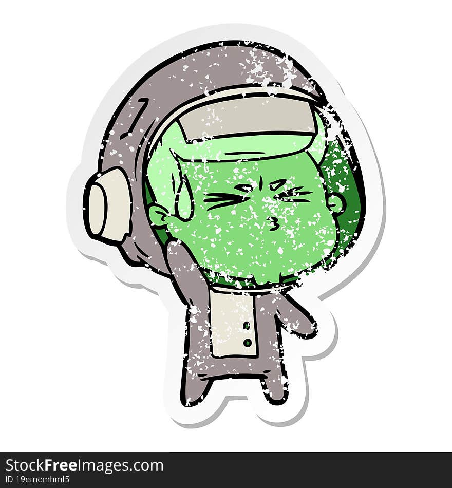 distressed sticker of a cartoon stressed astronaut