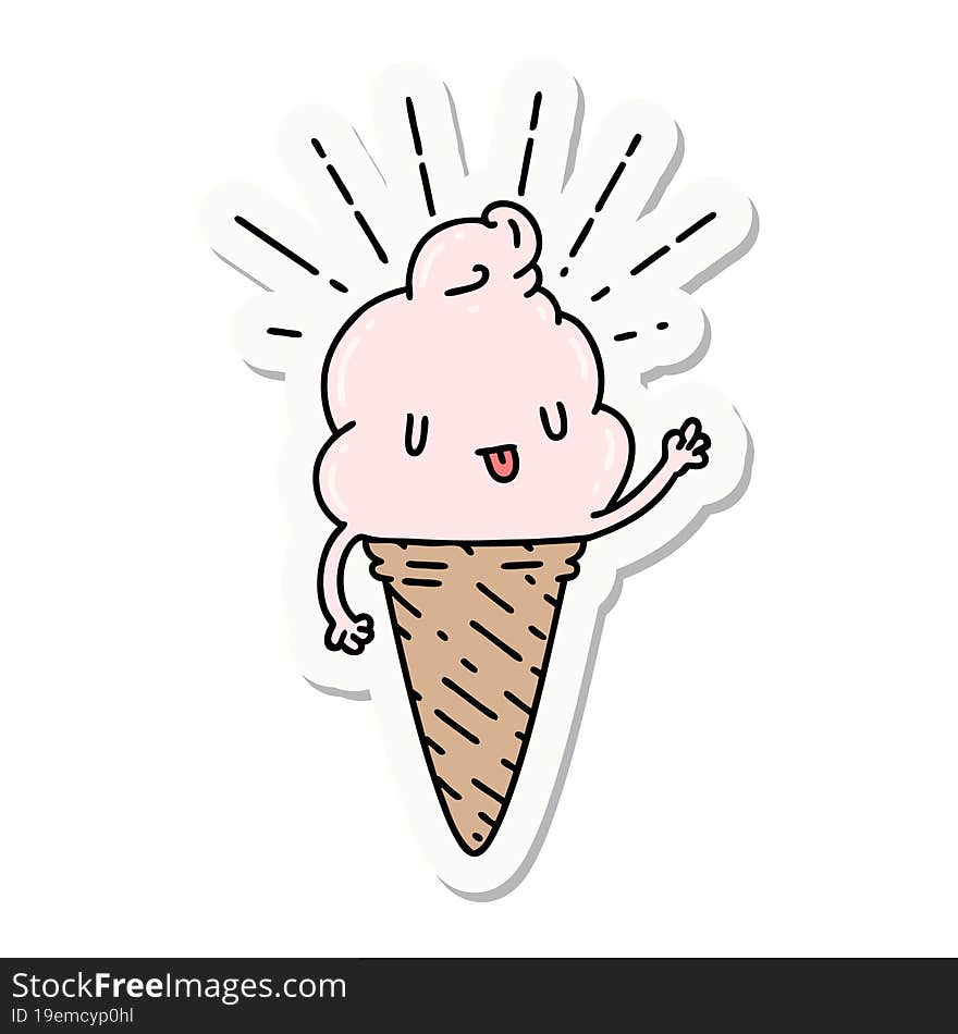 sticker of tattoo style ice cream character waving