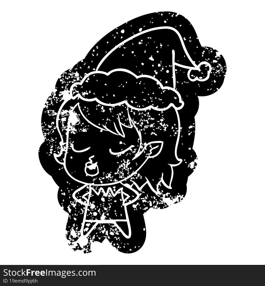 cute cartoon distressed icon of a vampire girl wearing santa hat