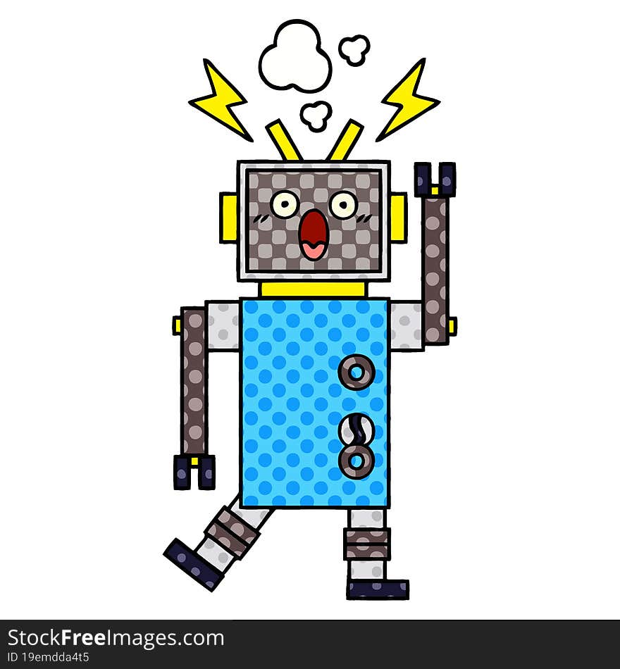 comic book style cartoon of a malfunctioning robot