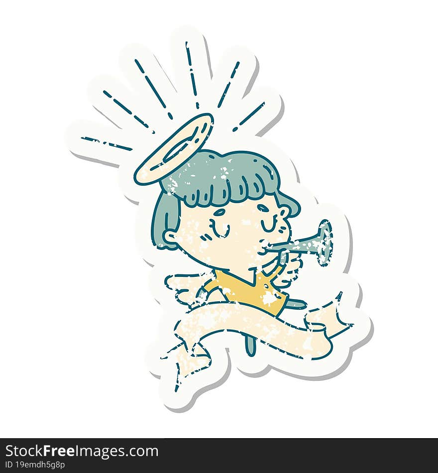 grunge sticker of tattoo style angel blowing trumpet