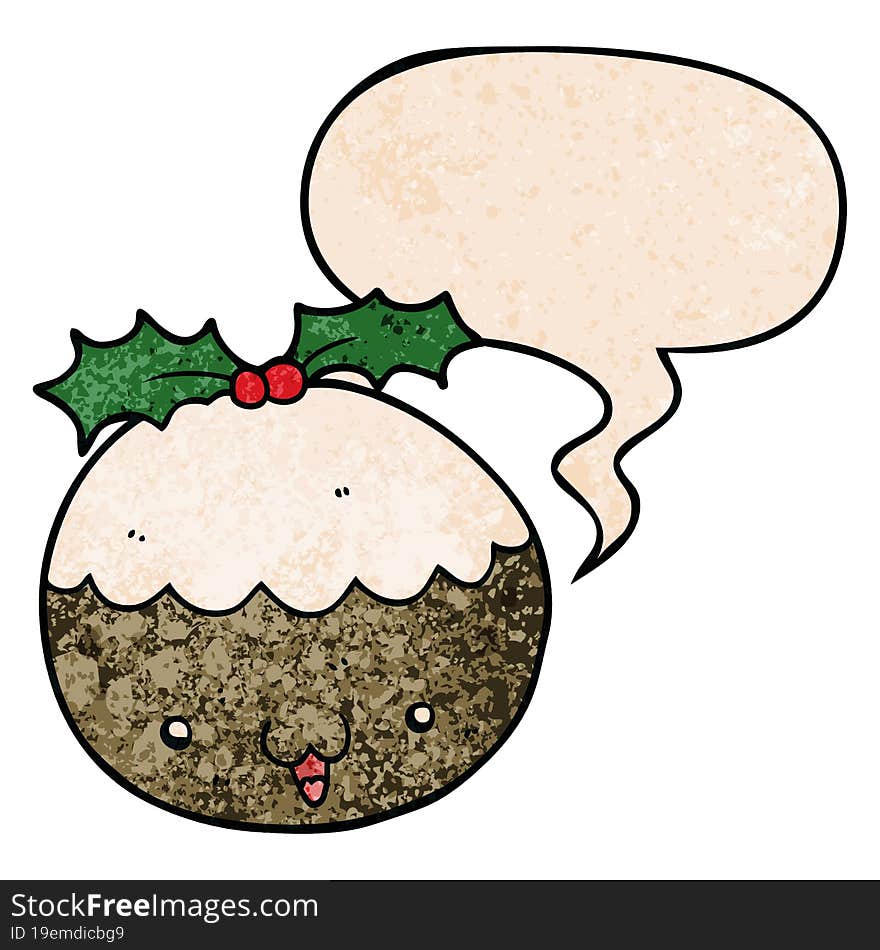 cute cartoon christmas pudding and speech bubble in retro texture style