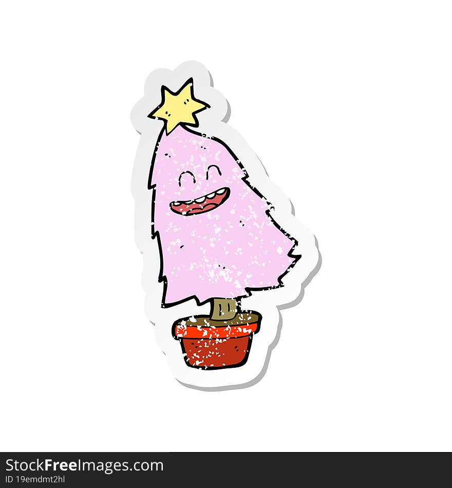 retro distressed sticker of a cartoon dancing christmas tree