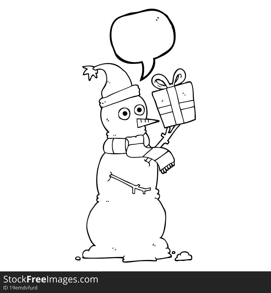 speech bubble cartoon snowman holding present