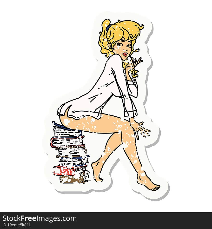 Distressed Sticker Tattoo Of A Pinup Girl Sitting On Books