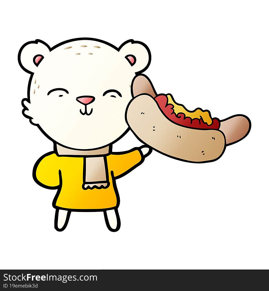 happy cartoon polar bear with hot dog. happy cartoon polar bear with hot dog