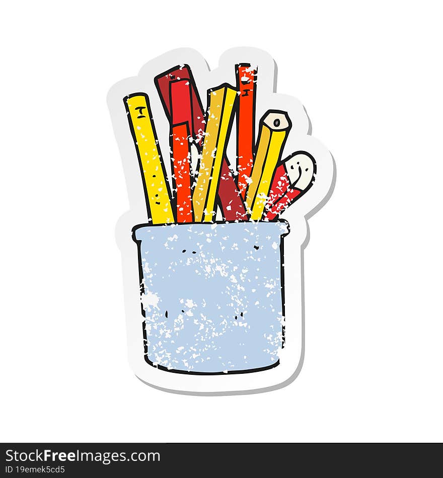 retro distressed sticker of a cartoon desk pot of pencils and pens