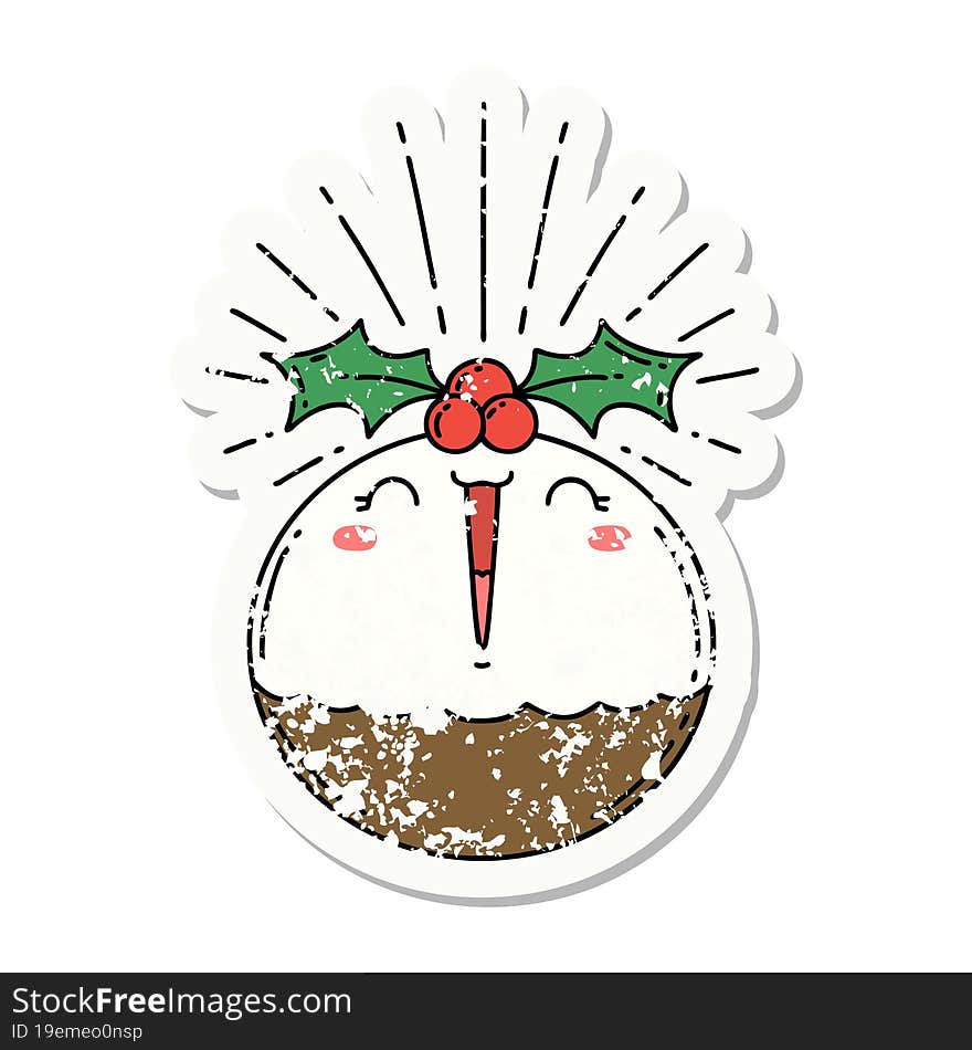 Grunge Sticker Of Tattoo Style Singing Christmas Pudding