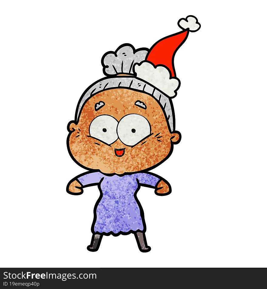 textured cartoon of a happy old woman wearing santa hat