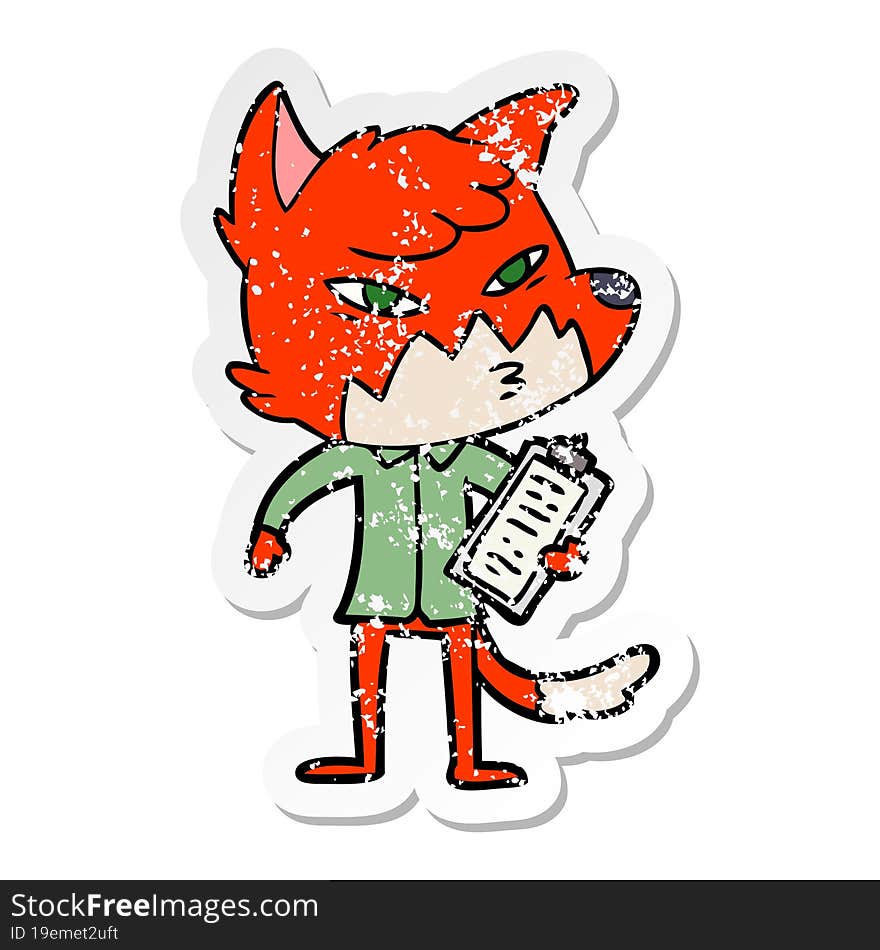 distressed sticker of a clever cartoon fox