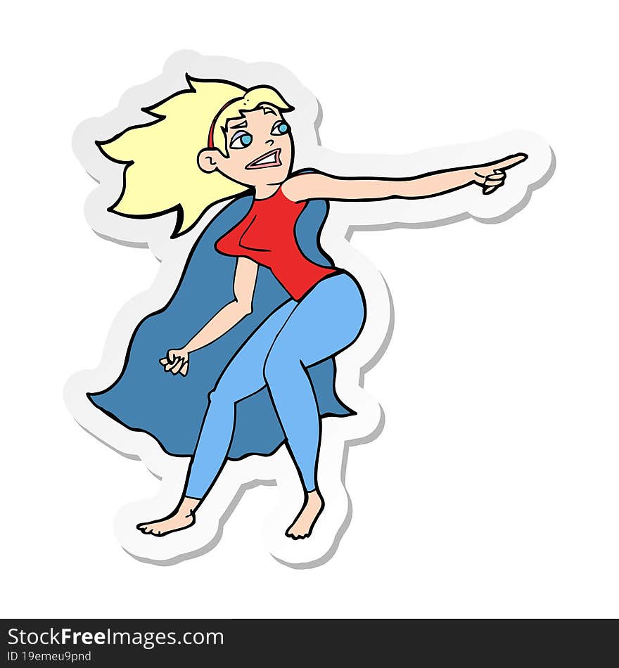 sticker of a cartoon superhero woman pointing