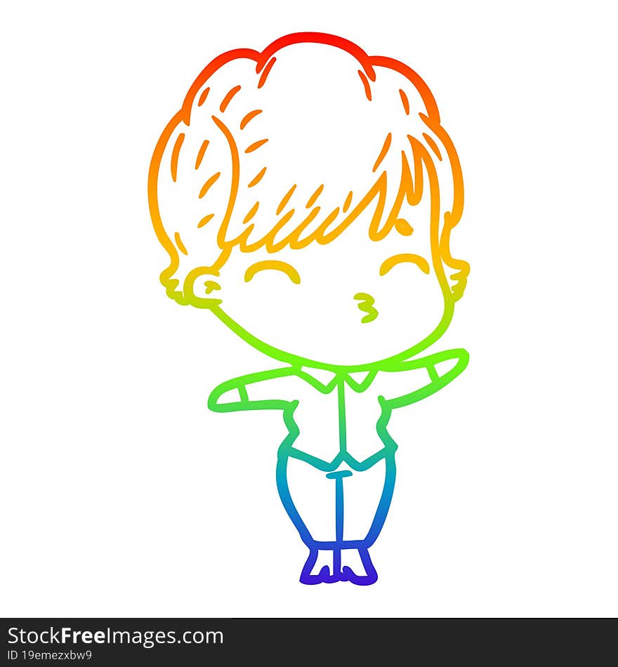 Rainbow Gradient Line Drawing Cartoon Woman Thinking