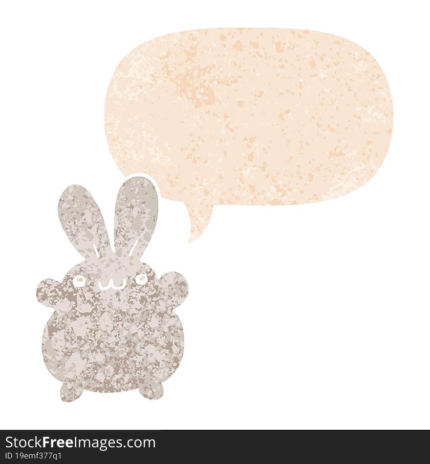 cartoon rabbit and speech bubble in retro textured style