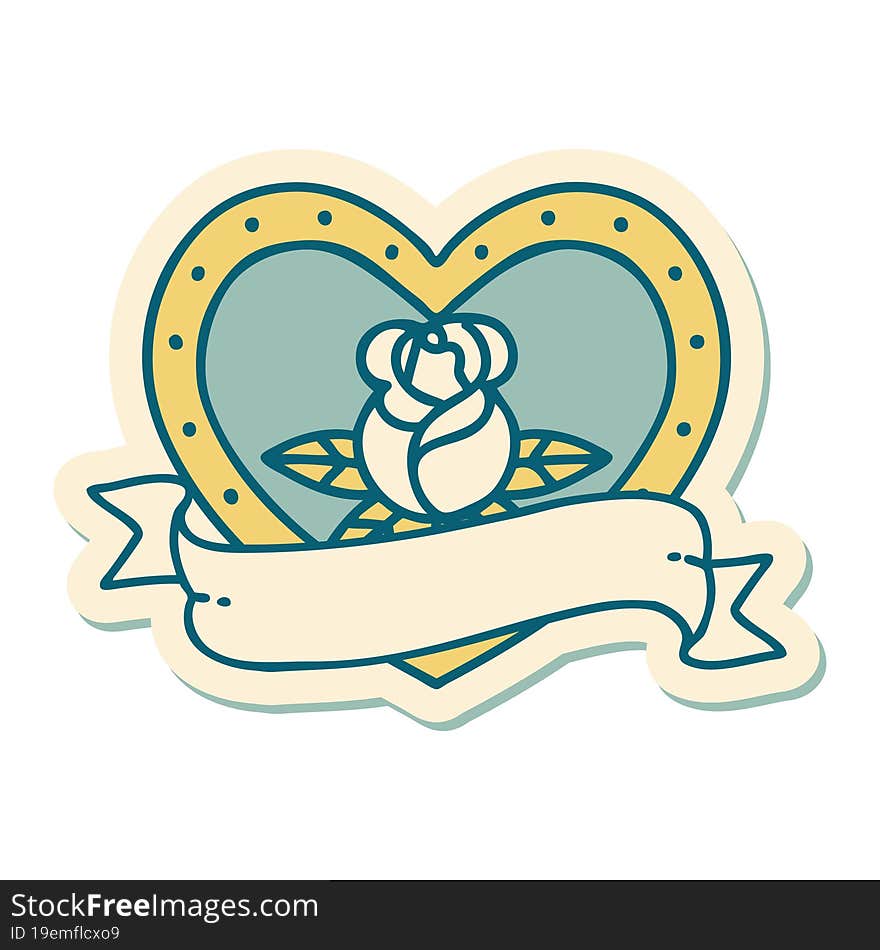 sticker of tattoo in traditional style of a heart rose and banner. sticker of tattoo in traditional style of a heart rose and banner