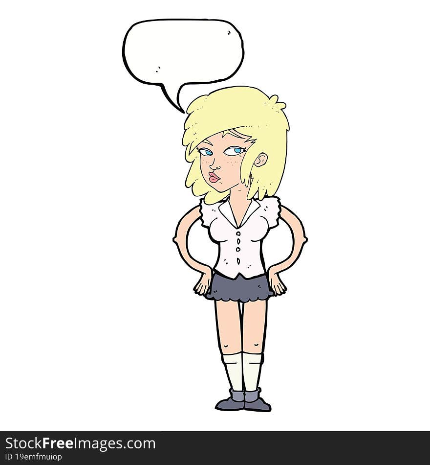 cartoon pretty woman with hands on hips with thought bubble