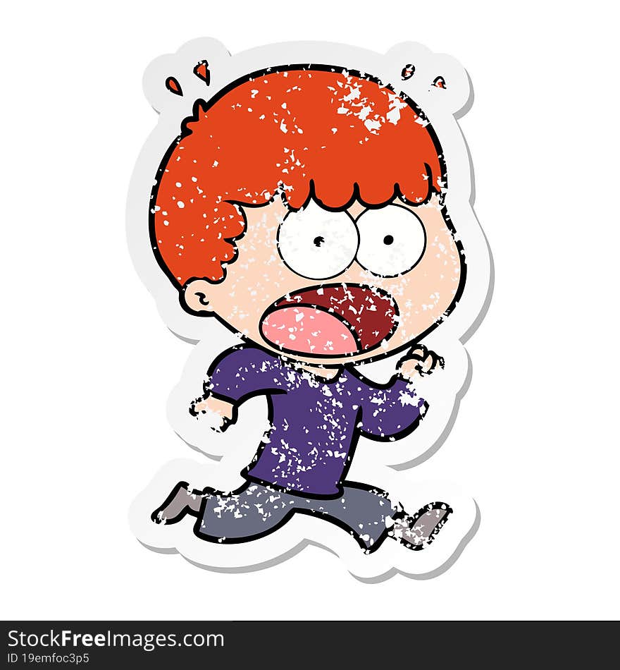 distressed sticker of a cartoon shocked man running away