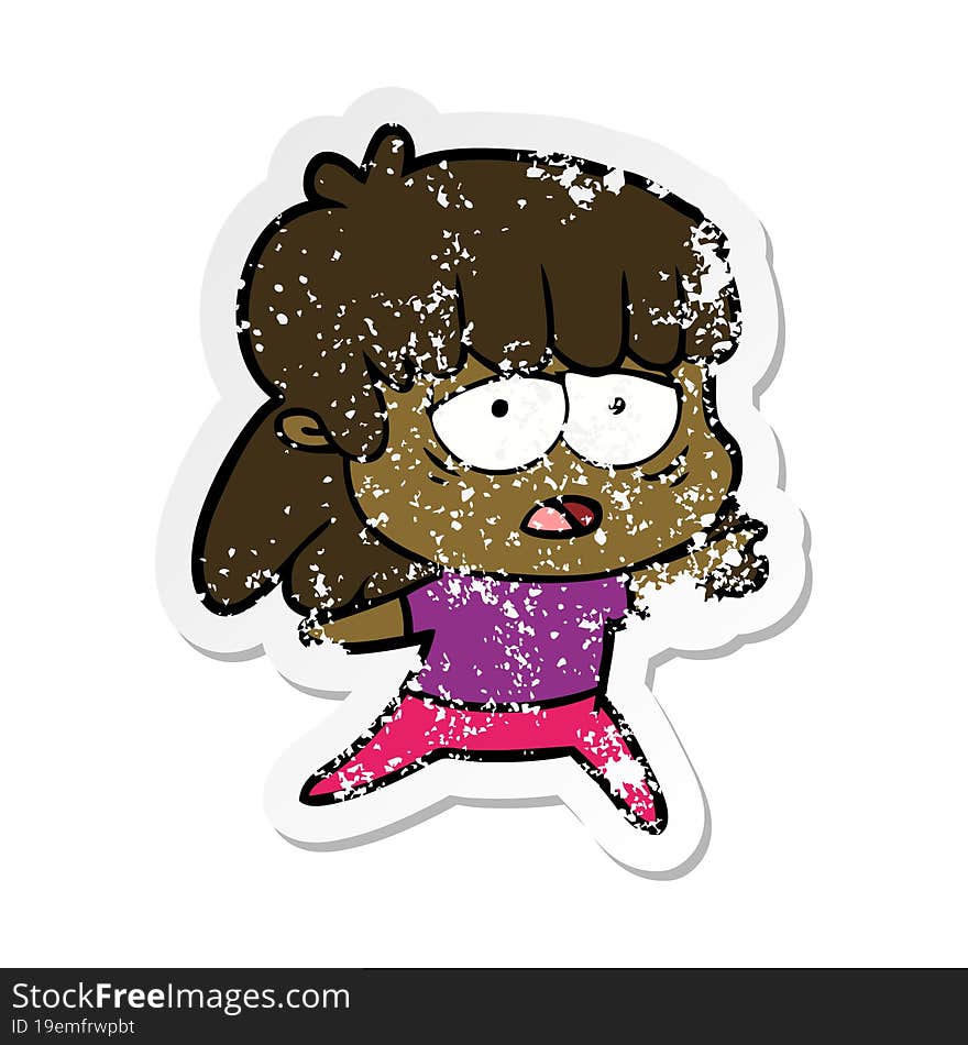 distressed sticker of a cartoon tired woman