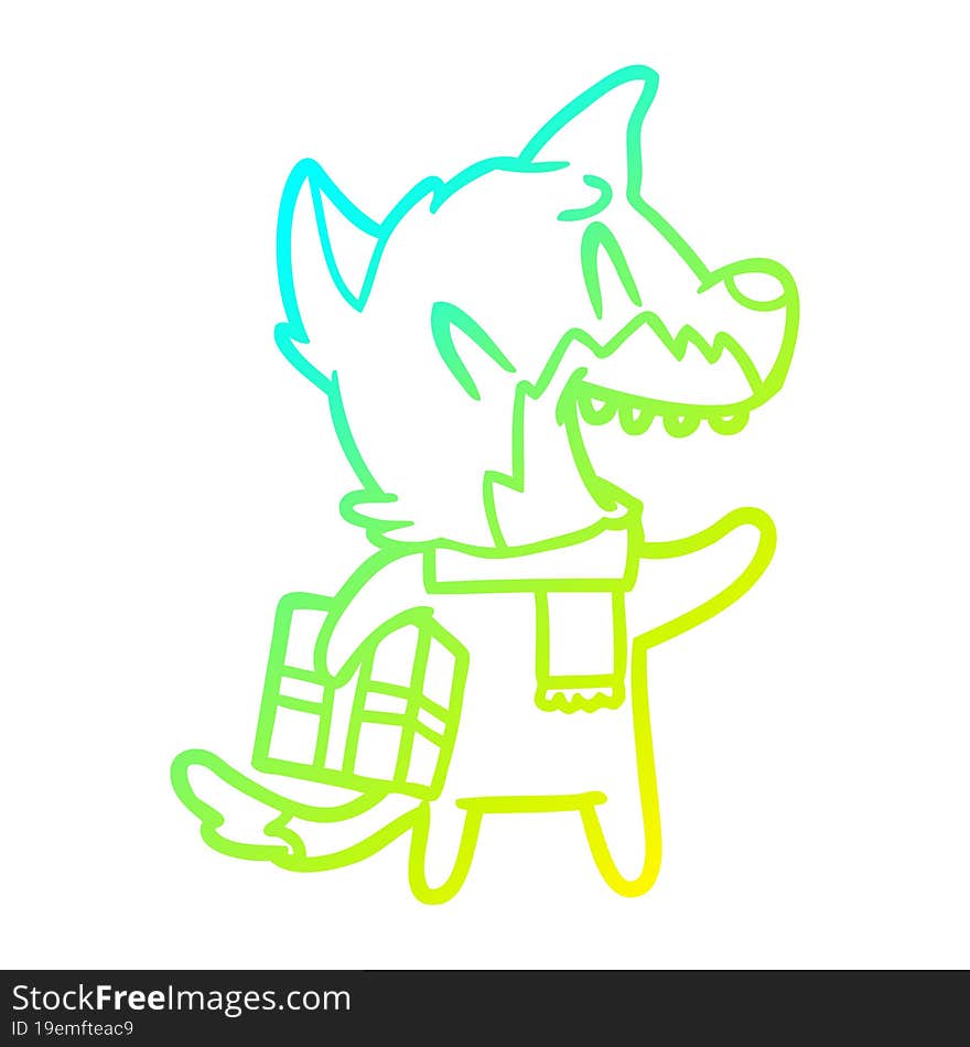 cold gradient line drawing of a laughing christmas fox cartoon