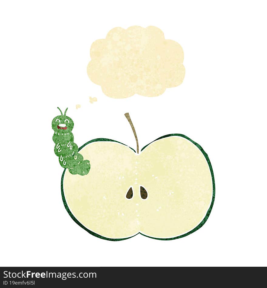 cartoon bug eating apple with thought bubble