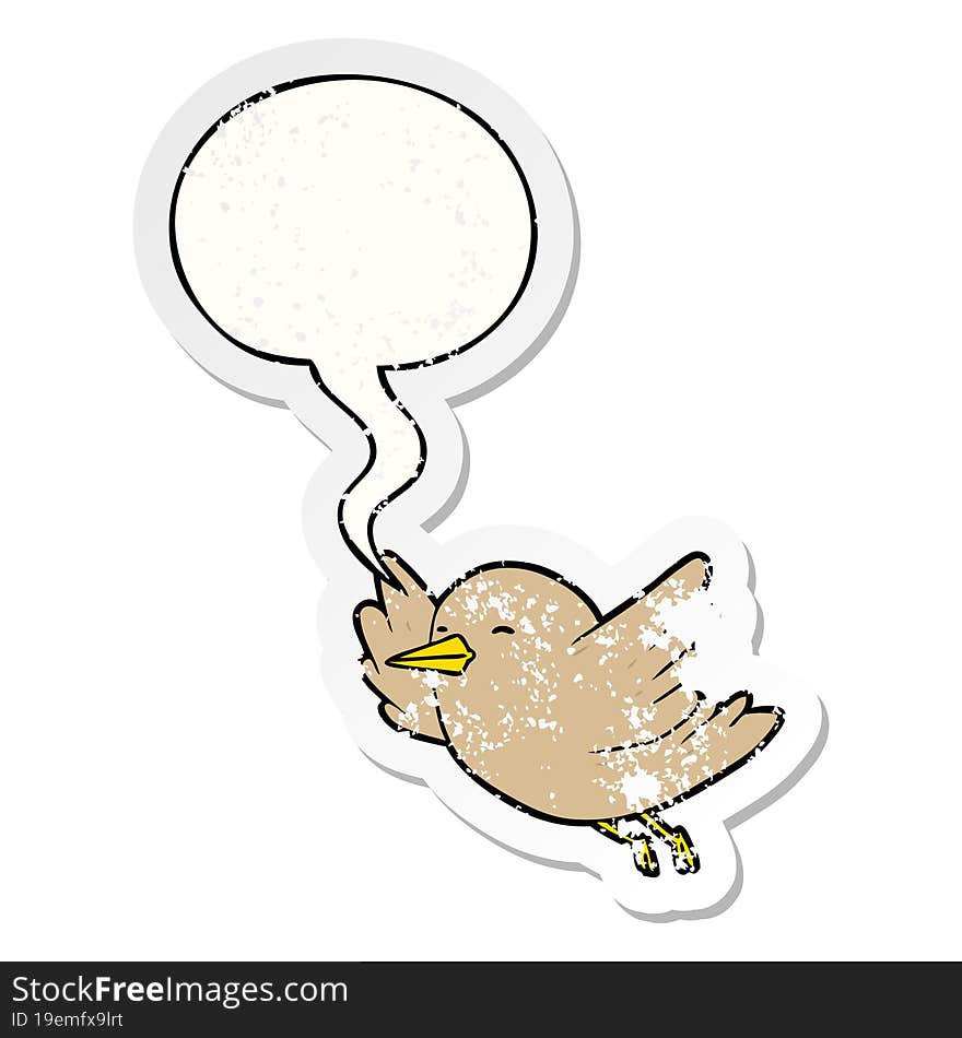 cartoon bird flying with speech bubble distressed distressed old sticker. cartoon bird flying with speech bubble distressed distressed old sticker