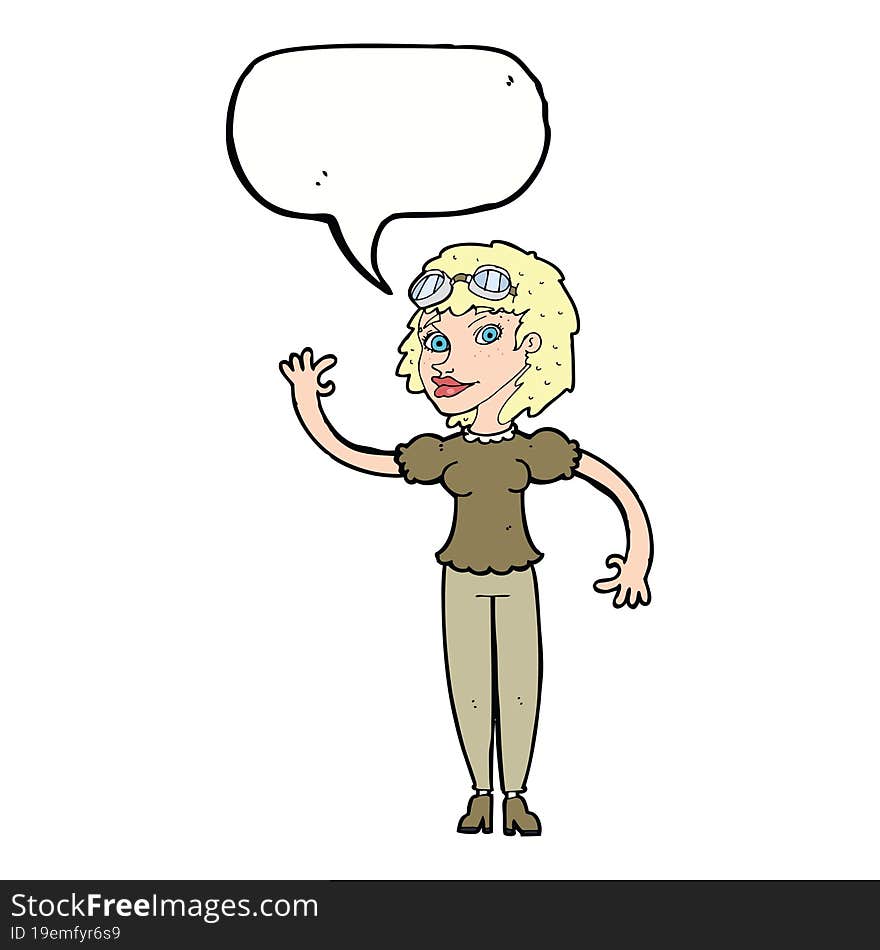 cartoon pilot woman waving with speech bubble