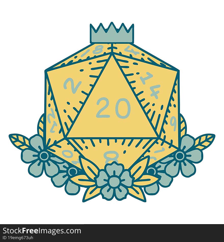 Natural 20 D20 Dice Roll With Floral Elements Illustration