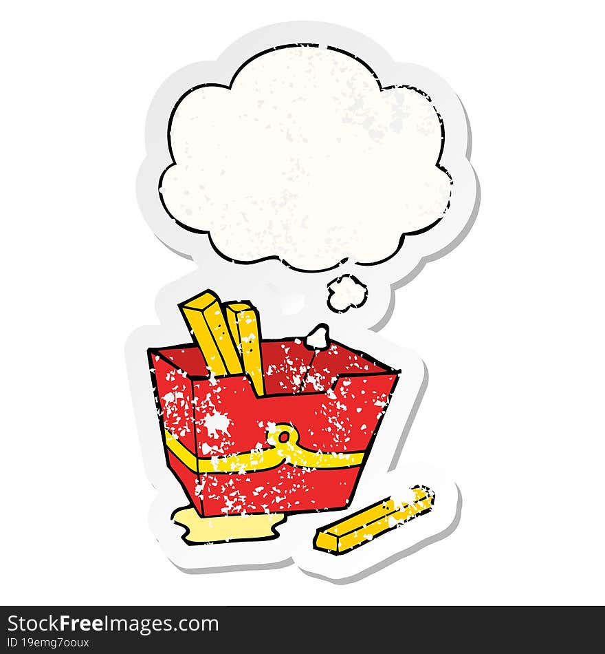 cartoon box of fries and thought bubble as a distressed worn sticker