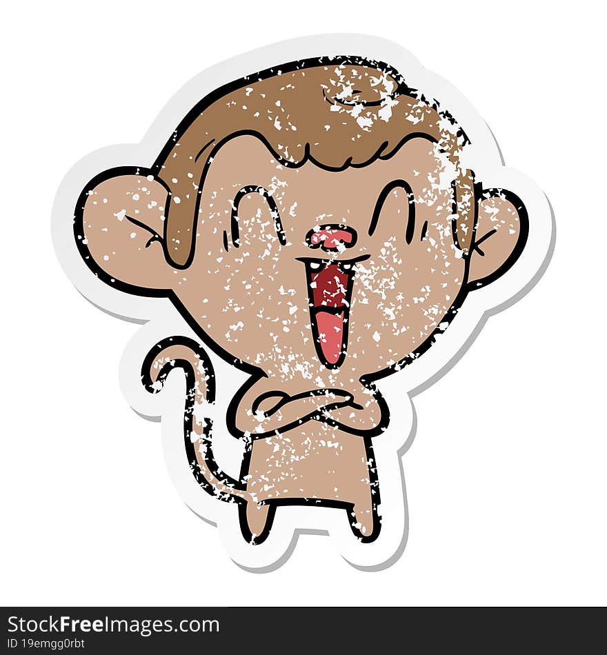 Distressed Sticker Of A Cartoon Laughing Monkey