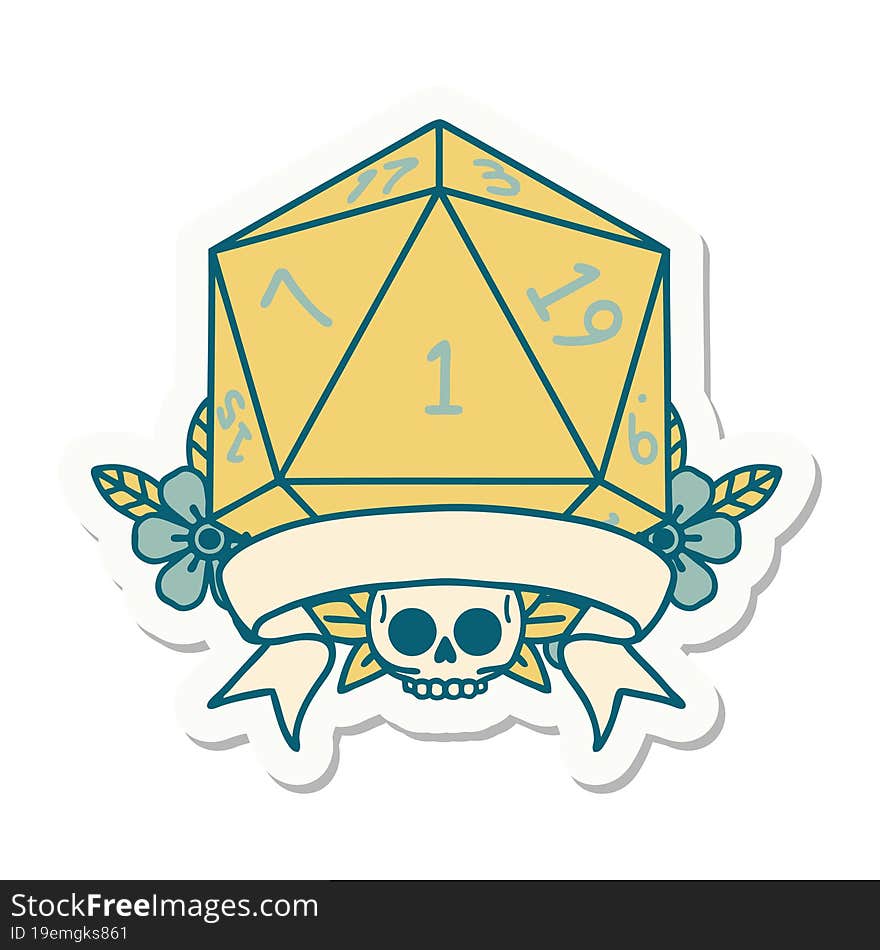 sticker of a natural one d20 dice roll. sticker of a natural one d20 dice roll