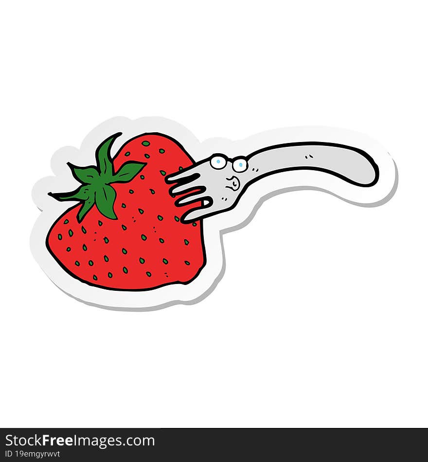 sticker of a cartoon fork in giant strawberry