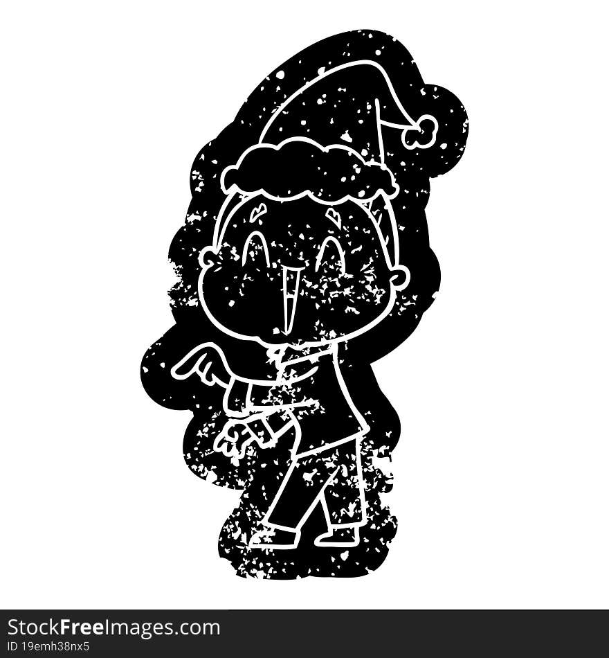 quirky cartoon distressed icon of a happy old lady wearing santa hat