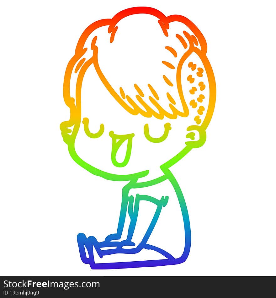 rainbow gradient line drawing of a cute cartoon girl with hipster haircut