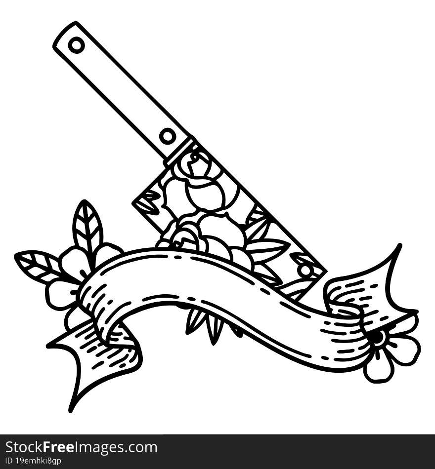 black linework tattoo with banner of a cleaver and flowers