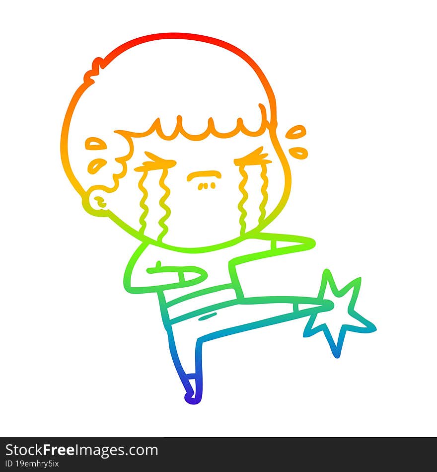 rainbow gradient line drawing of a cartoon man crying