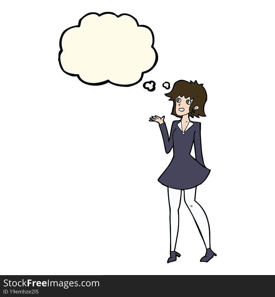 cartoon pretty woman in dress with thought bubble