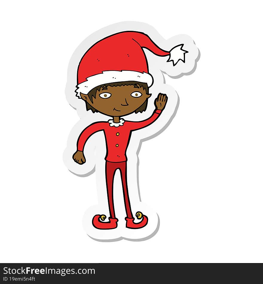 sticker of a cartoon waving christmas elf