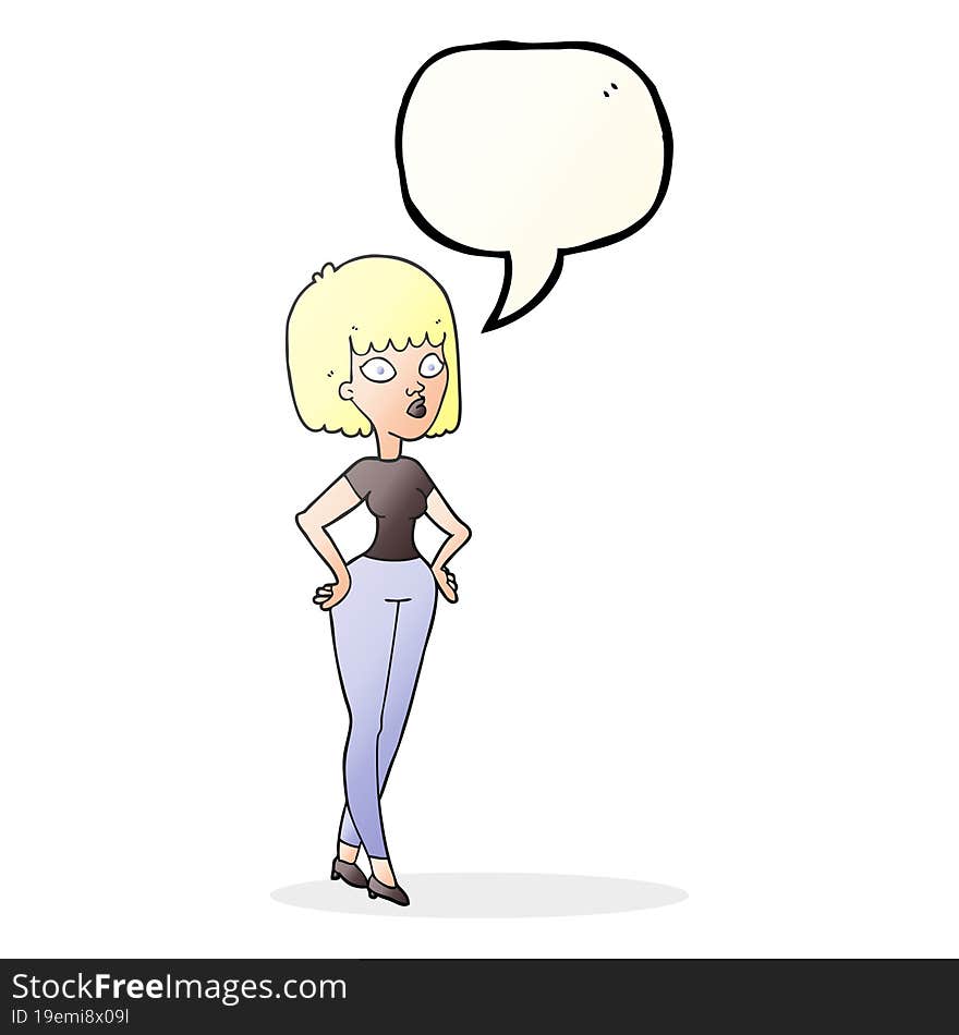 freehand drawn speech bubble cartoon woman with hands on hips