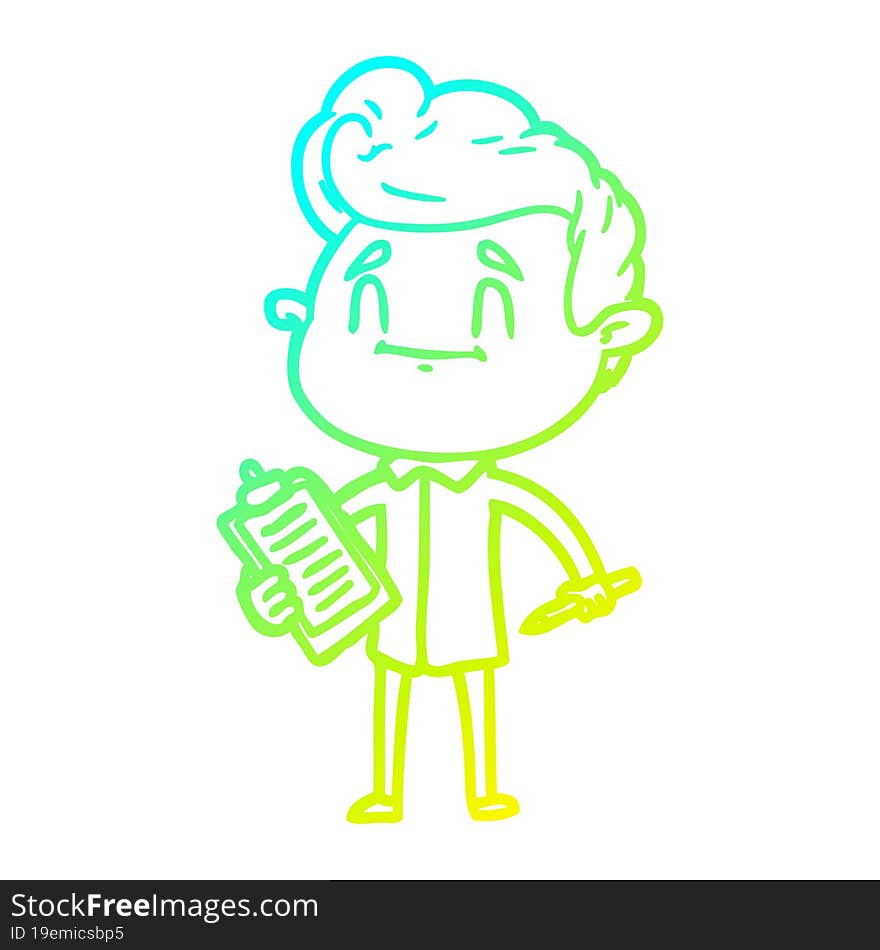 cold gradient line drawing happy cartoon man with pen and clipboard