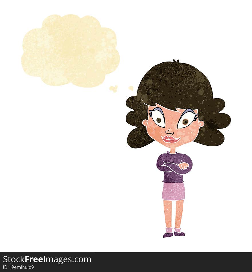 cartoon happy woman with folded arms with thought bubble