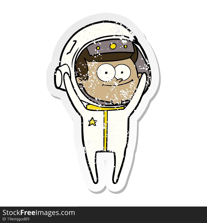 distressed sticker of a happy astronaut cartoon