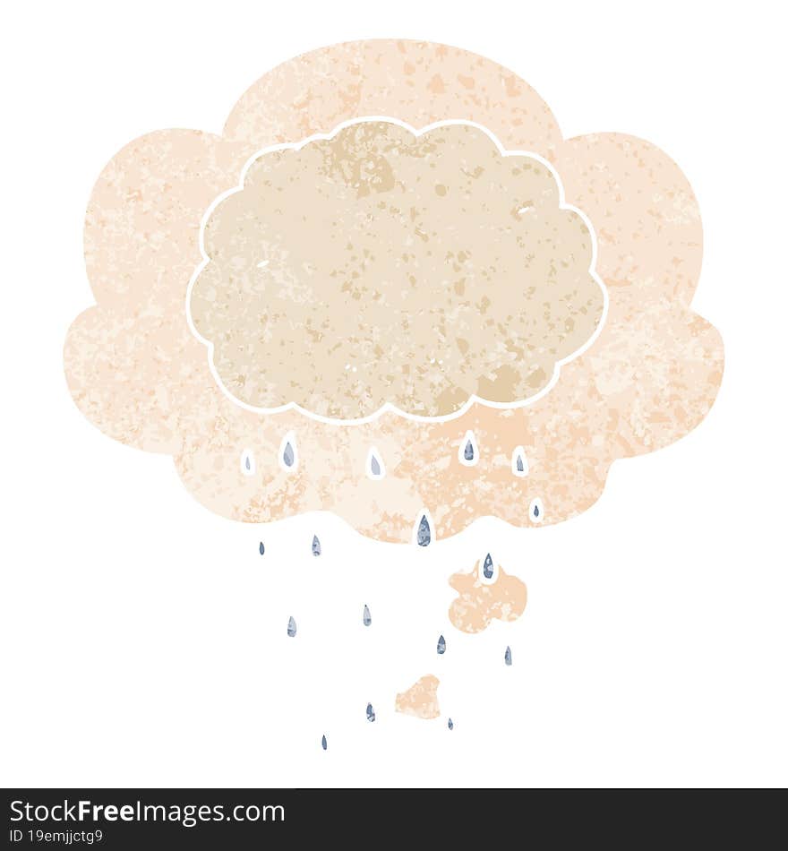 cartoon rain cloud and thought bubble in retro textured style