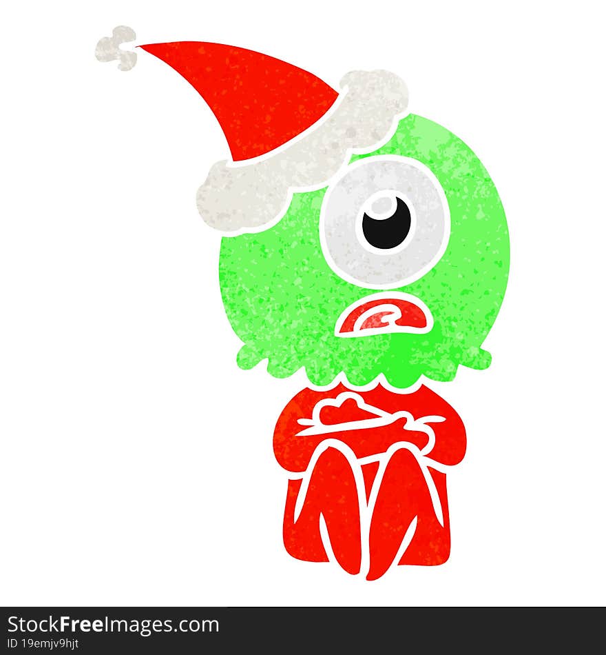 hand drawn retro cartoon of a cyclops alien spaceman wearing santa hat