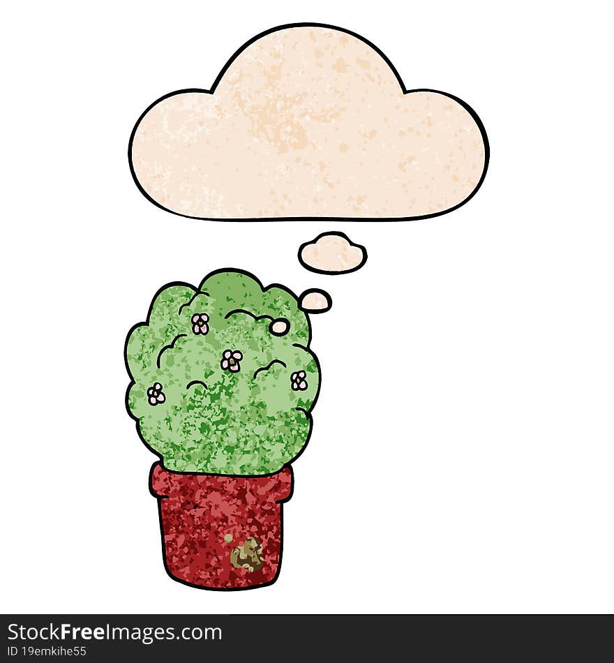 cartoon shrub and thought bubble in grunge texture pattern style