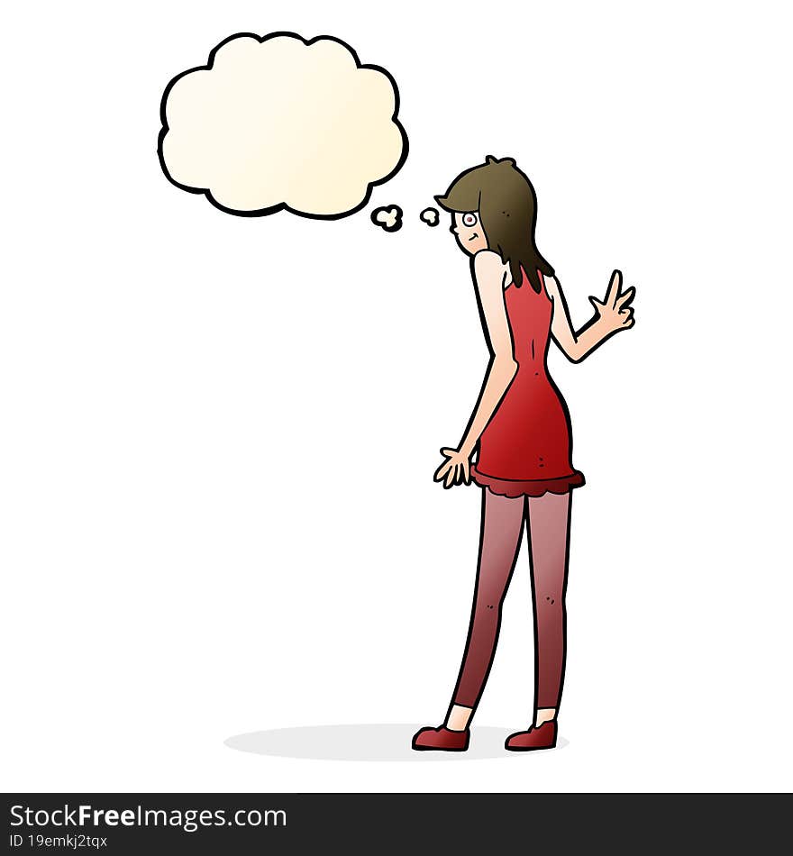 cartoon woman waving with thought bubble