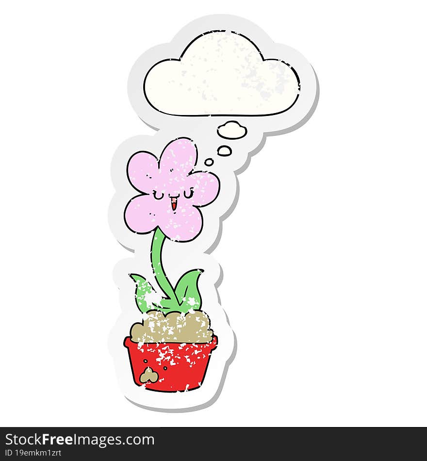 cute cartoon flower and thought bubble as a distressed worn sticker