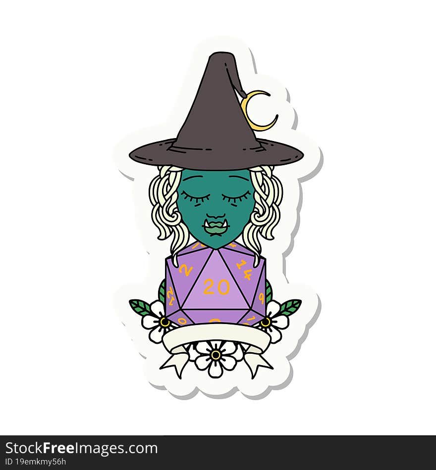 Half Orc Witch Character With Natural 20 Dice Roll Sticker