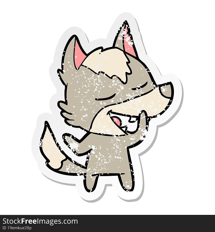 distressed sticker of a cartoon wolf laughing